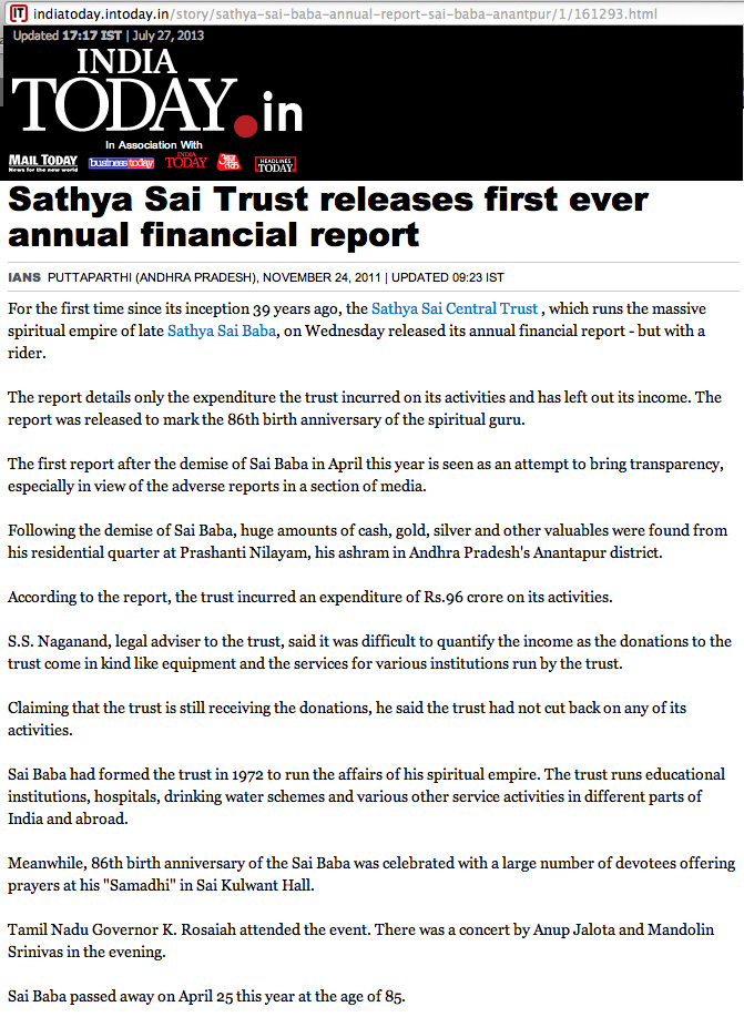 Sathya Sai Central Trust's first financial report